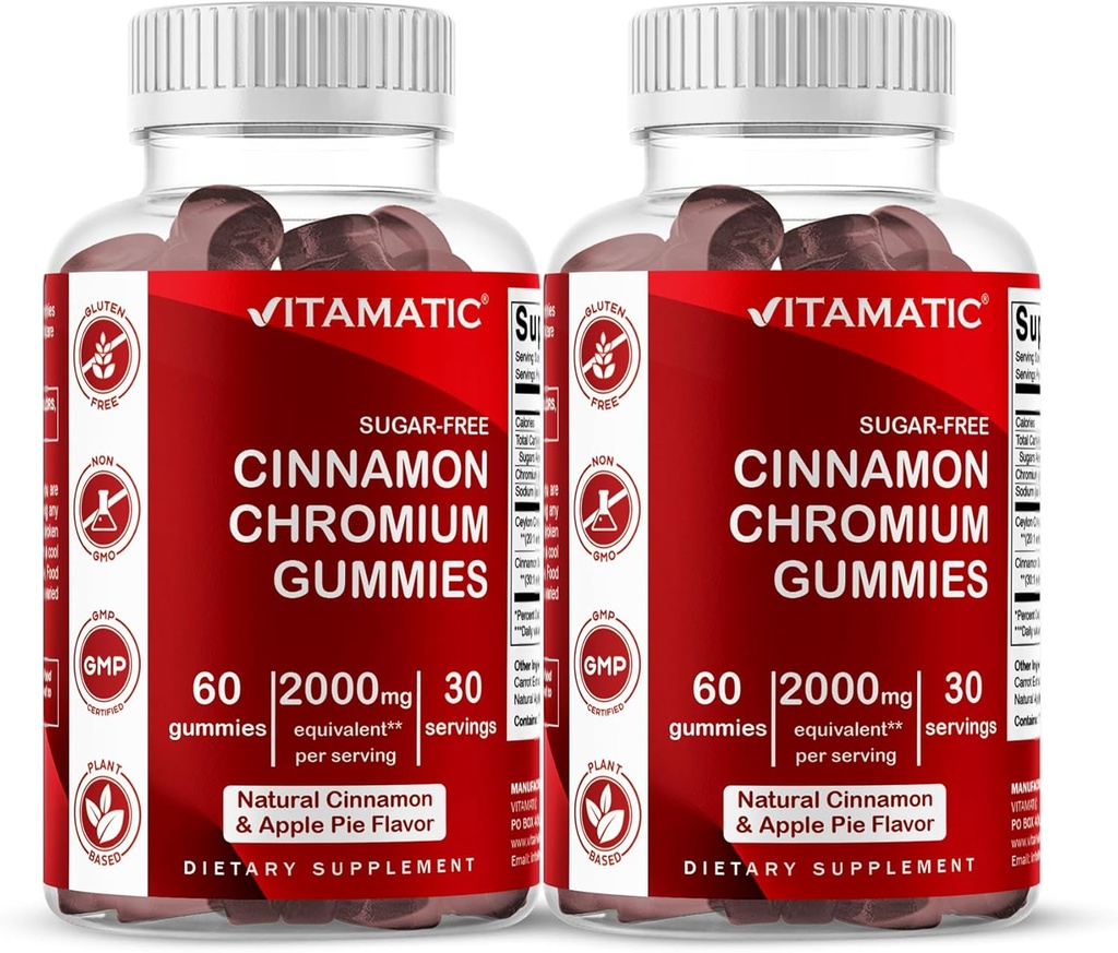 Gommies de chrome sans sucre vitamatiques avec cannelle Ceylan – équivalent de 2000 mg par portion (extrait 83 mg) – non-OGM, sans gluten – 60 Gommies végétaliens – 2 emballages