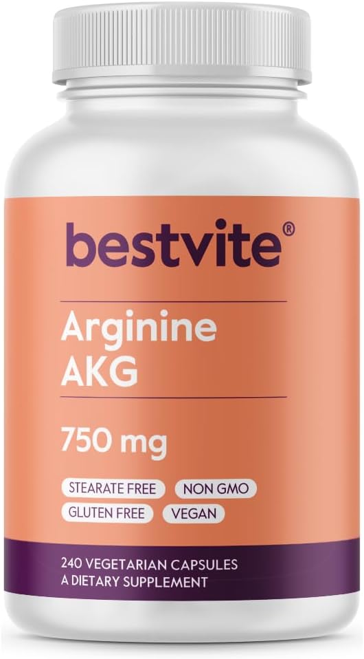 BESTVITE Arginine AKG 750mg (240 Capsules végétariennes) - Pas de stéarate - Vegan - Non OGM - Sans gluten