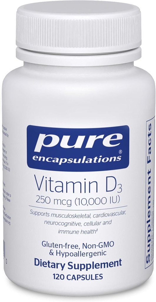 Encapsulations pures Vitamine D3 250 mcg (10 000 UI) - Supplément pour soutenir la santé des os, des articulations, des seins, du coeur, des colonies et des immunes - avec la vitamine D premium - 120 capsules