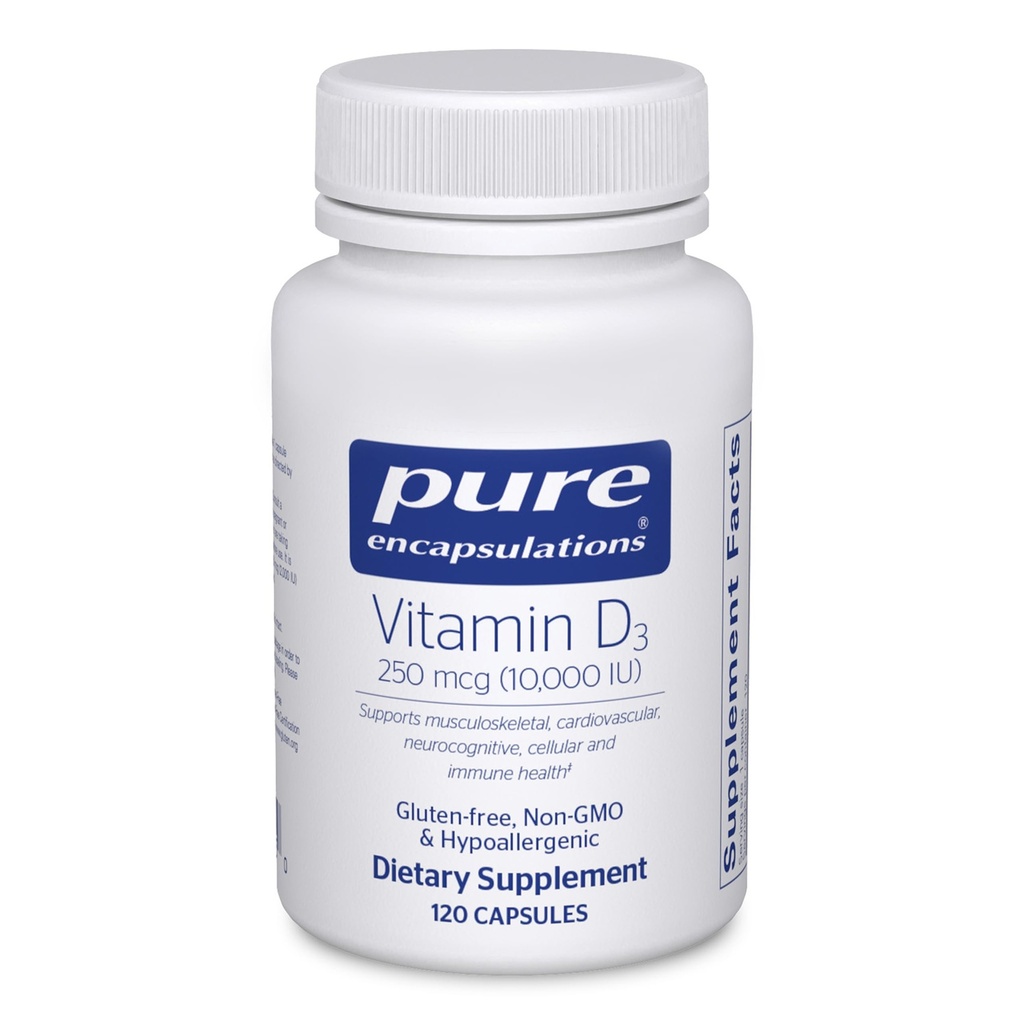 Encapsulations pures Vitamine D3 250 mcg (10 000 UI) - Supplément pour soutenir la santé des os, des articulations, des seins, du coeur, des colonies et des immunes - avec la vitamine D premium - 120 capsules