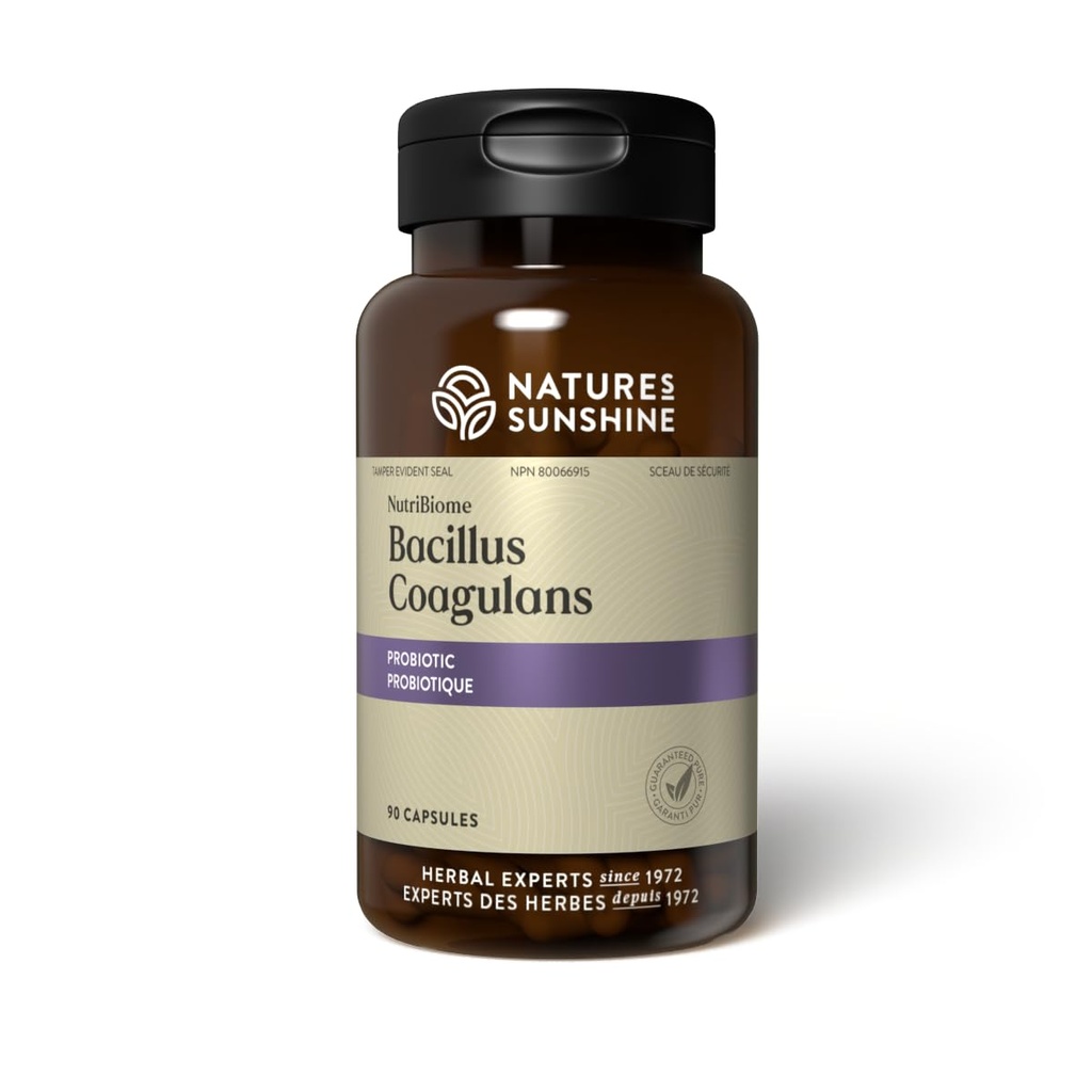 Nature's Sunshine Nutribiome Bacillus Coagulans Probiotics, 90 Capsules. 3 Million CFU de Bacillus Coagulans Probiotics aide à se défendre contre la diarrhée, le gaz et le ballonnement digestifs