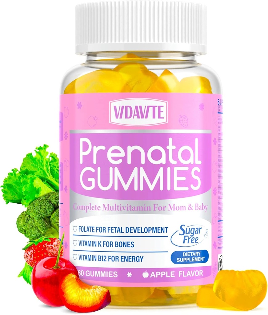 Gommies prénatales sans sucre — 30+ nutriments (Choline, Folate, Fer, Vitamine) pour le soutien foetal et neural, les os, l'énergie et l'immunité — Vitamines prénatales végétales fabriquées aux États-Unis pour les femmes (60 Gommies)