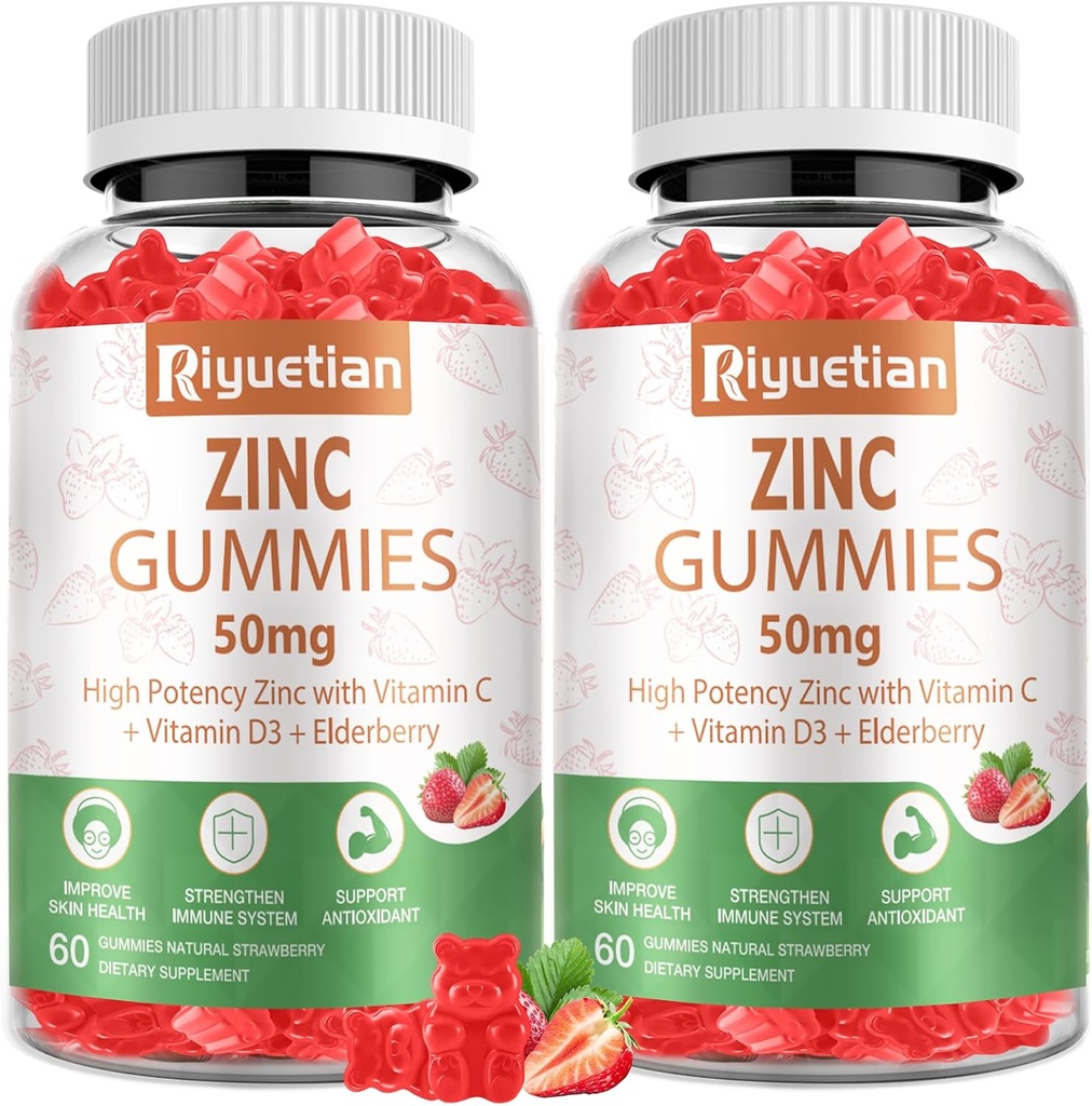 Gommies de zinc 50mg - Vitamine C, D3 & Elderberry, Echinacea, Zinc Immune Gummies de santé, non-OGM, suppléments antioxydants naturels pour les hommes et les femmes, Vegan 2 Pack