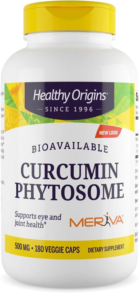 Origines saines Curcumine Phytosome (Faturing Meriva SF) 500 mg, soutient la santé dans les articulations et les yeux, non-OGM, végétalien, 180 capsules de légumes