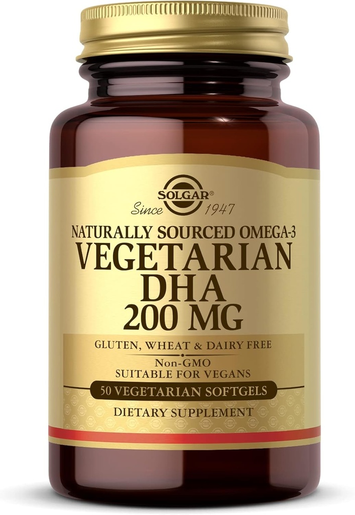 Solgar Vegetarian DHA 200 mg - 50 Vegetarian Softgels - Naturally Sourced Omega-3 - Vegan, Gluten Free, Dairy Free - 50 Servings