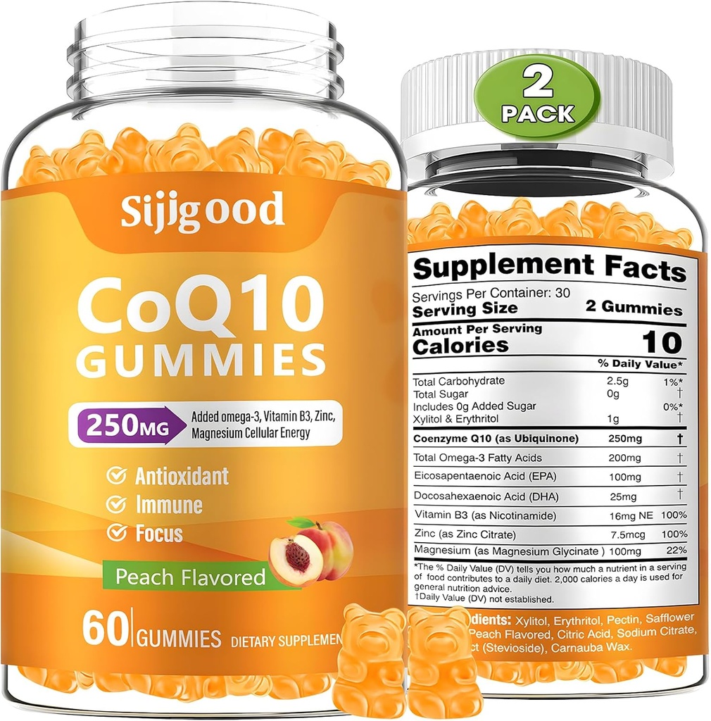 2 Pack CoQ10 Gummies, Plus Omega-3, Vitamin B3 and Zinc, Magnesium, 5X High Absorption Coenzyme Q10 Supplements, q10 for Boost Cellular Energy, Potent Antioxidant & Brain, Peach Flavor, 120 Cts