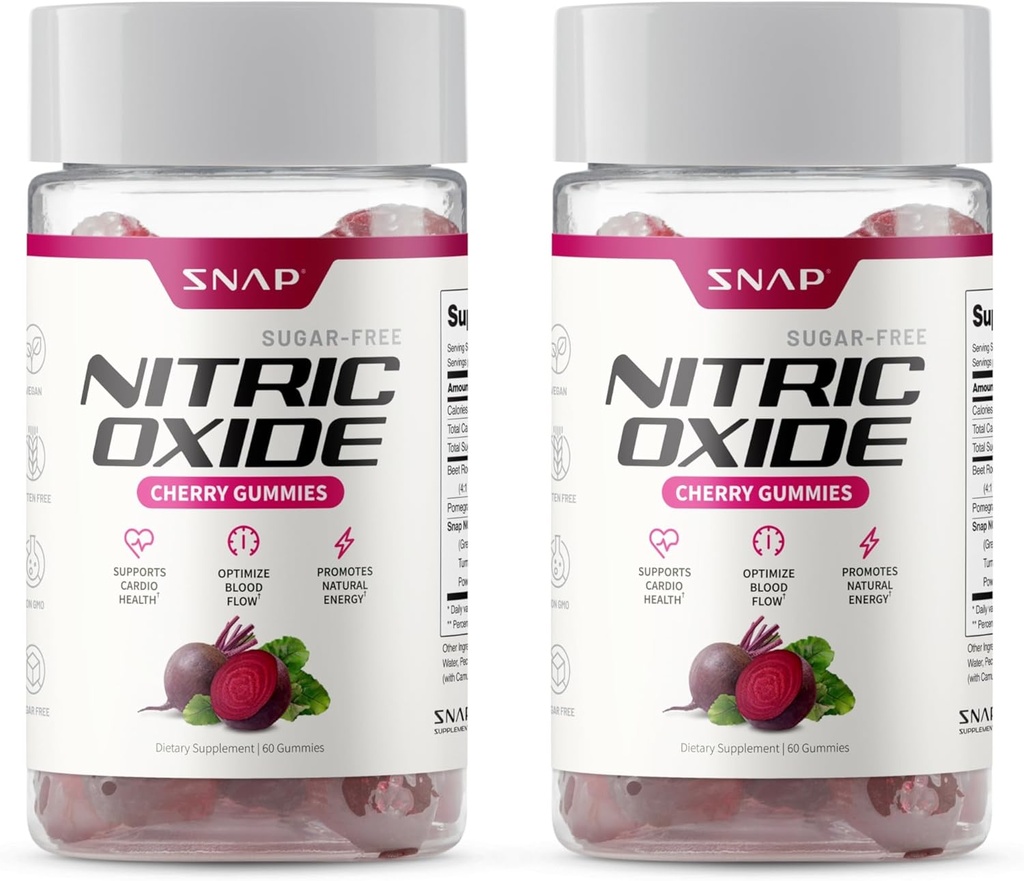 Snap Supplements Beet Root Gummies, Nitric Oxide Supplement w/Organic Beets, Vitamins, Pomegranate & Antioxidants for Energy, Heart Health & Circulation Support, 60 Sugar Free Gummies, 2 Pack, Cherry