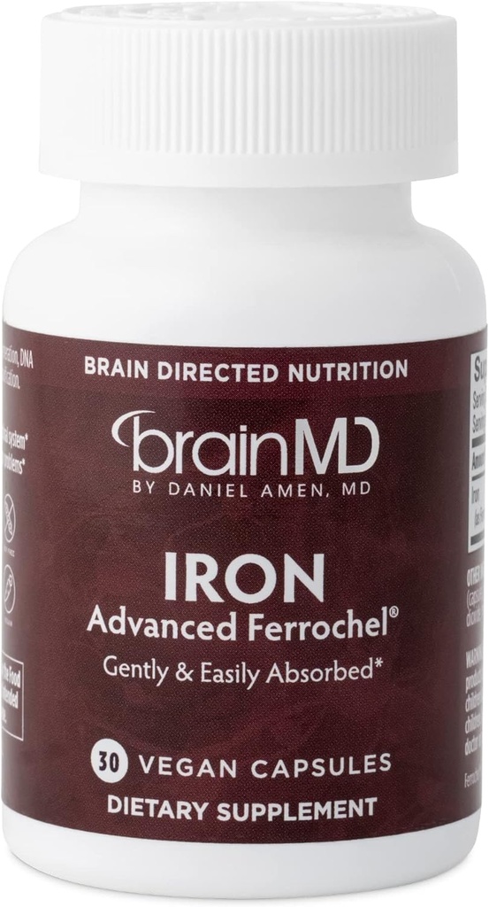 BRAINMD Dr Amen Iron - 30 capsules - Supporte la production d'énergie, la fonction cognitive et la régulation des gènes - Doucement et facilement absorbé - Sans gluten - 30 portions