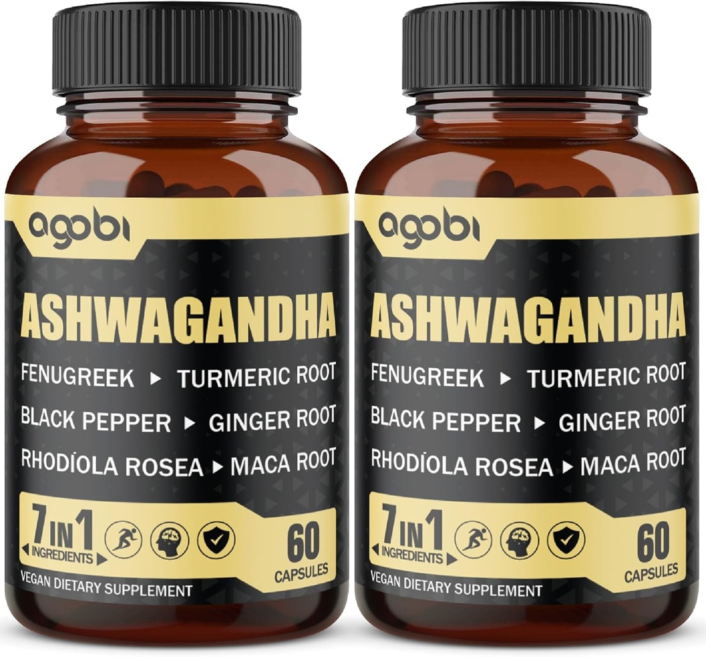 2 Packs 60 Capsules - 8050mg Ashwagandha Supplément d'extrait - 7en1 avec Fenugreek, Maca, Turmeric, Rhodiola, Ginger & Black Pepper - Spirit, Immune & Energy Support - 4 Mois d'approvisionnement