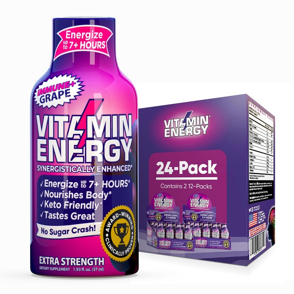 Vitamine Energy Immune+ Extra Strength Energy Shot Grape 24 Pack, 260mg Caféine naturelle, B-Vitamines, Citicoline, Thé vert, Immunity & Focus Support, Zéro sucre, Sans gluten 1,93 fl oz