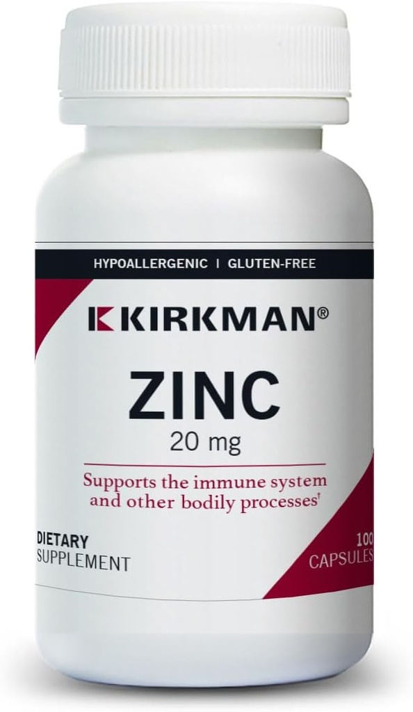 Kirkman - Zinc 20mg - 100 Capsules - Soutien immunitaire - Haute absorption - Hypoallergénique