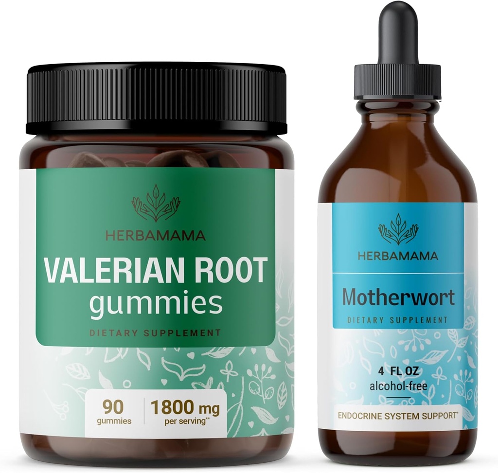 HERBAMAMA Kit Valérien et Nourriture - Bundle de 1800 mg Gommies de racines valérianes et gouttes liquides nourrieuses - Vegan, non-OGM, gélatine et sans alcool - 2 paquets