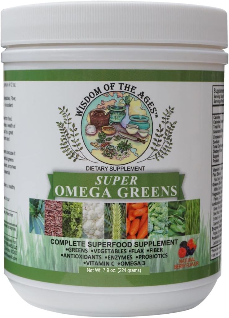 Super Omega Greens Complete Superfood Supplement avec Verts, Légumes, Lin, Fibre, Antioxydants, Enzymes, Probiotiques, Vitamine C et Omega 3-7,9oz Poudre