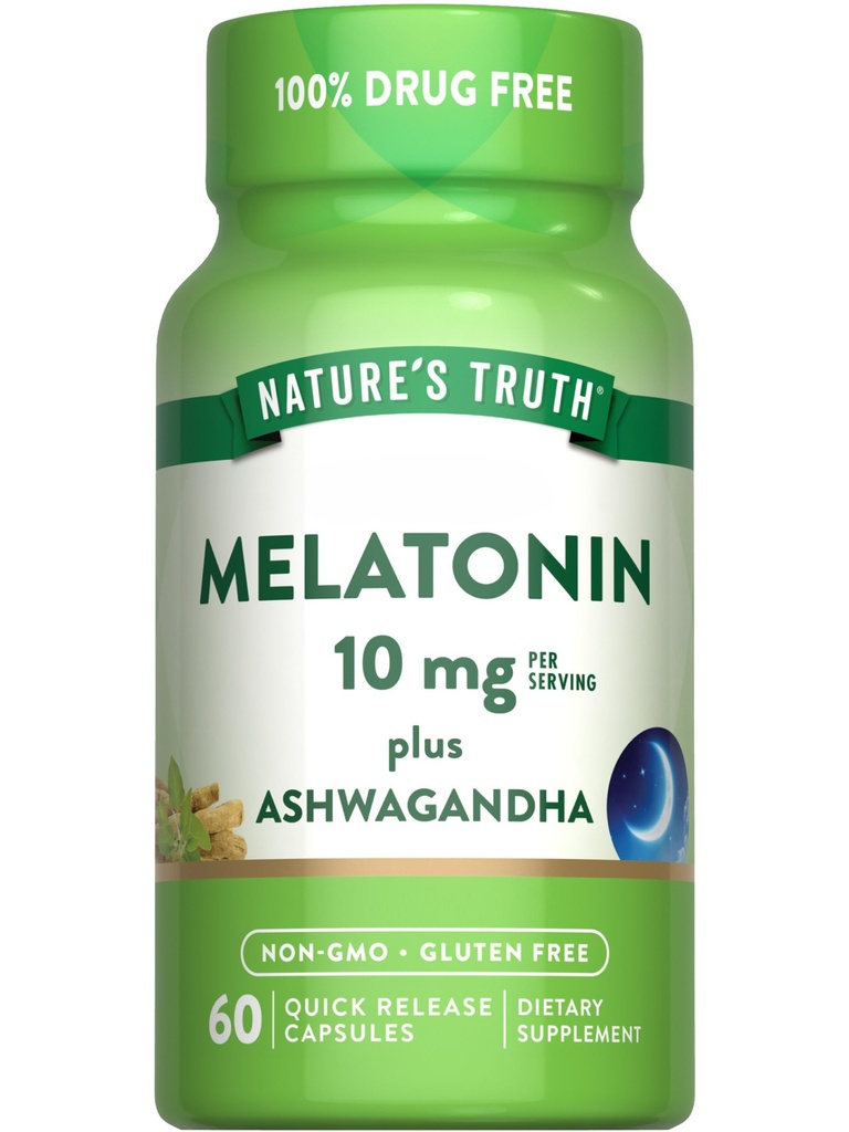 Nature's Truth Melatonin 10mg avec Ashwagandha 60 Capsules.