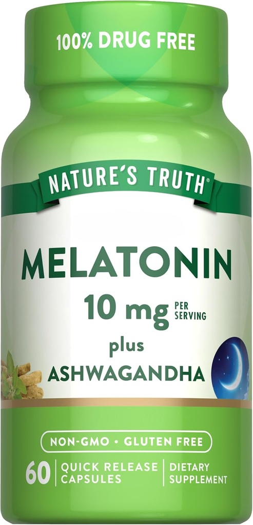 Nature's Truth Melatonin 10mg with Ashwagandha | 60 Capsules | Non-GMO & Gluten Free Supplement for Adults