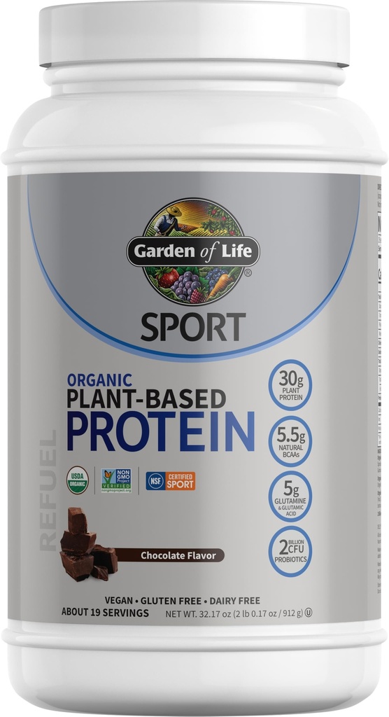Garden of Life Poudre de protéines végétales biologiques avec probiotiques, BCAAs, NSF certifié, sans gluten et sport, non OGM, poudre de protéines de sport, 19 portions, chocolat