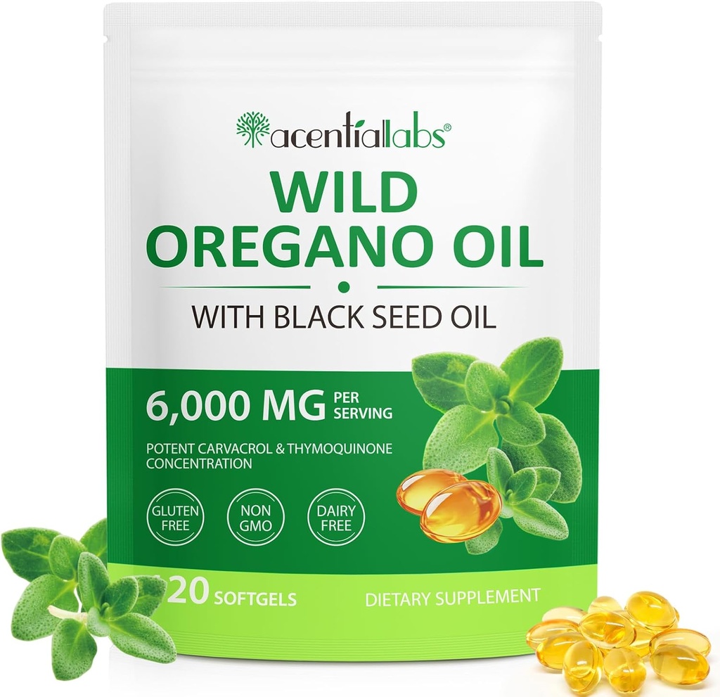 Huile d'Origan Softgels 6000mg par portion - Huile d'Origan à l'huile de graines noires - Potent Carvacrol & Thymoquinone (en anglais seulement)