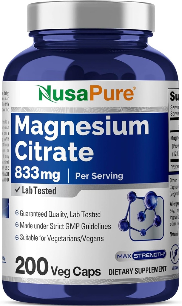 Citrate de magnésium NusaPure 833mg - 200 Capsules de légumes (Végétarien, Non-OGM, Vegan)