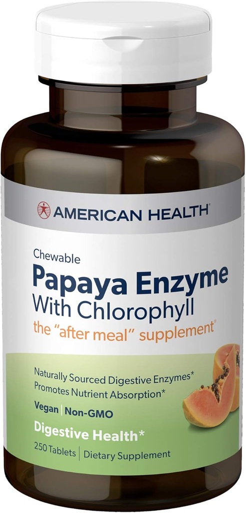 American Health Papaya Enzyme Comprimés à croquer - favorise l'absorption des nutriments, aide à la digestion et rafraîchit la respiration avec la chlorophylle et l'huile de menthe - sans gluten, végétarien - 250 Compte