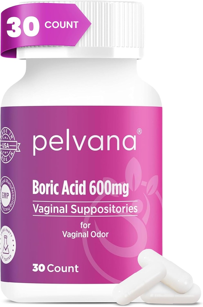 Suppositoires d'acide borique de Pelvana pour les femmes 30 Compte - pour l'odeur vaginale et la fraîcheur, l'hygiène féminine et le bien-être - Laboratoire tiers vérifié et mis en bouteille aux États-Unis - Solution d'odoration féminine