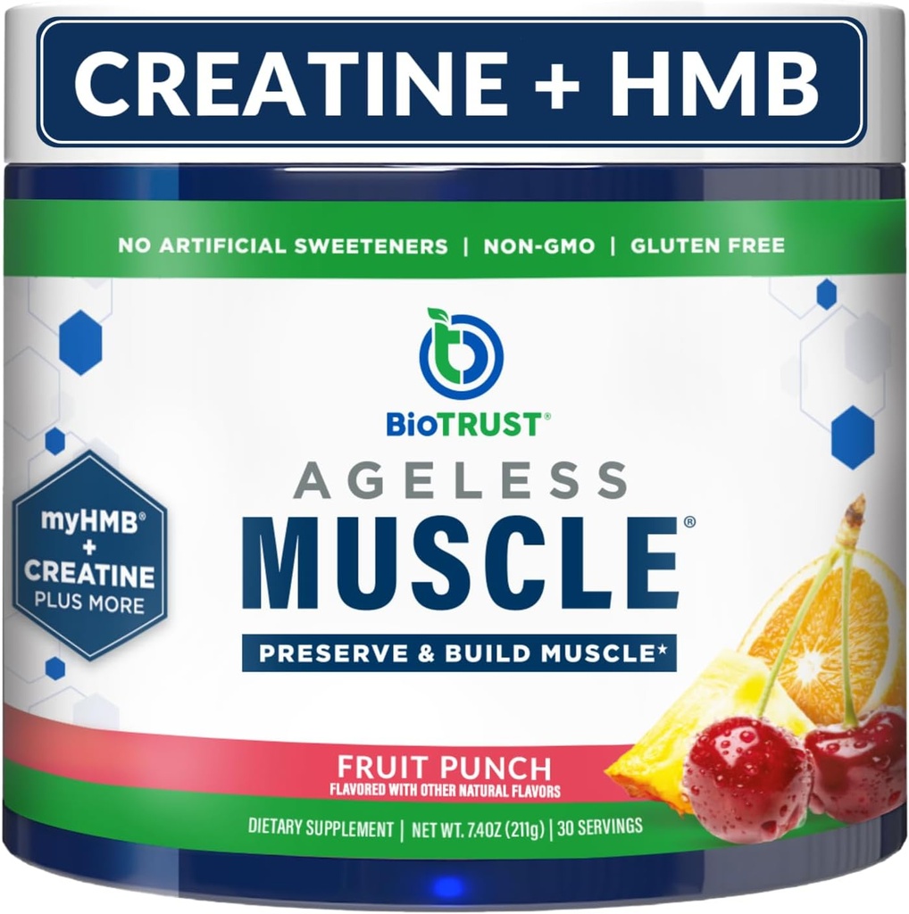 Constructeur de muscles sans âge BioTrust - Poudre de HMB créatine avec vitamine D3 et bétaïne - construire et conserver naturellement en déclin de masse musculaire et de force - punch de fruits, 30 portions