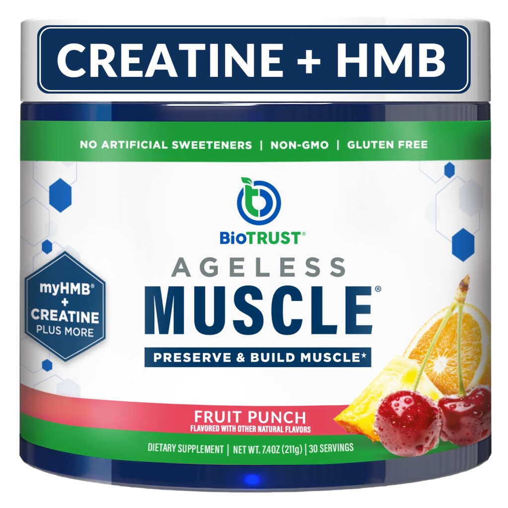 Constructeur de muscles sans âge BioTrust - Poudre de HMB créatine avec vitamine D3 et bétaïne - construire et conserver naturellement en déclin de masse musculaire et de force - punch de fruits, 30 portions