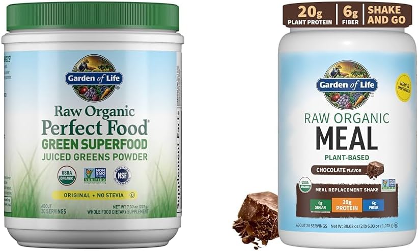 Garden of Life Raw Organic Perfect Food Green Superfood Juiced Greens Poudre & Raw Organic Meal Substitut Shakes - Poudre de protéines végétaliennes à base de chocolat