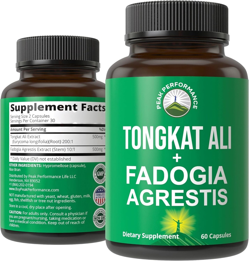 Tongkat Ali + Fadogia Agresti 2-en-1 T Supplément pour les hommes. Extrait de Longjack Tongkat-Ali ultra-fort + Fadogia Agresti Extrait. Capsules véganes. Soutenir l'énergie naturelle. Pilules testées aux États-Unis