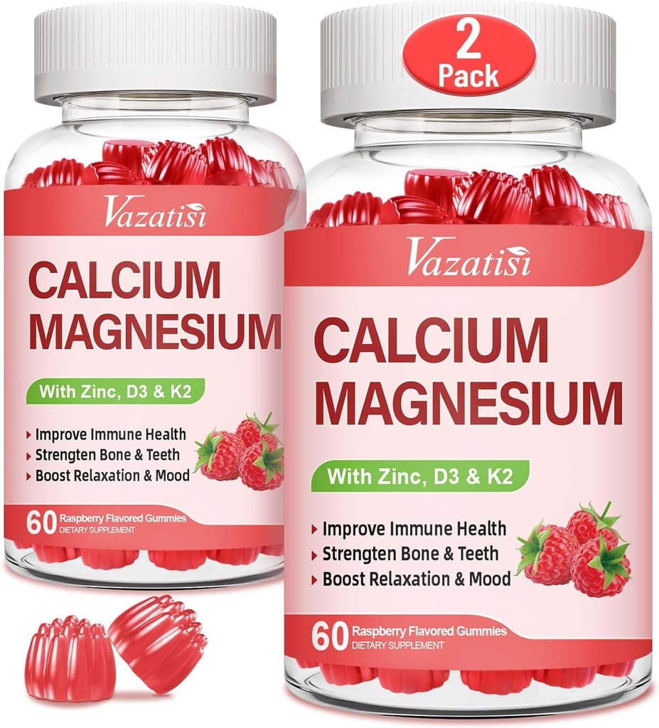 Gommies de zinc de magnésium de calcium avec vitamine D3 et K2, haute absorption de magnésium Glycinate de potassium pour l'humeur immune et calme, parfum de framboise 120 Gommies