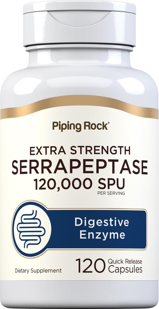 Piping Rock Serrapeptase 120000 SPU-120 Capsules Enzyme digestive - Supplément de force supplémentaire - Non-OGM, sans gluten