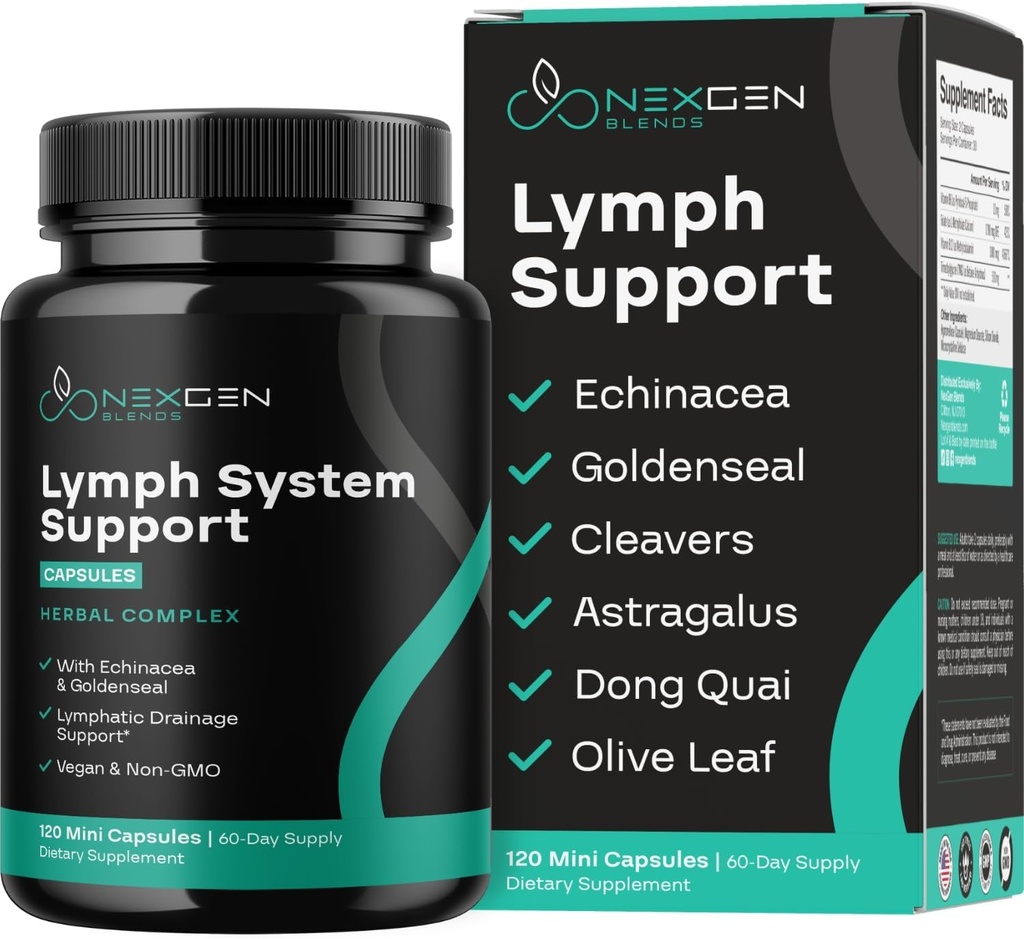 Supplément de soutien du système lymphatique à base de plantes - Complexe de soutien lymphatique avec Echinacea Goldenseal Astragalus & Hydroxytyrosol pour le drainage lymphatique et le soutien immunitaire - Vegan Non-GMO sans gluten (2 mois)