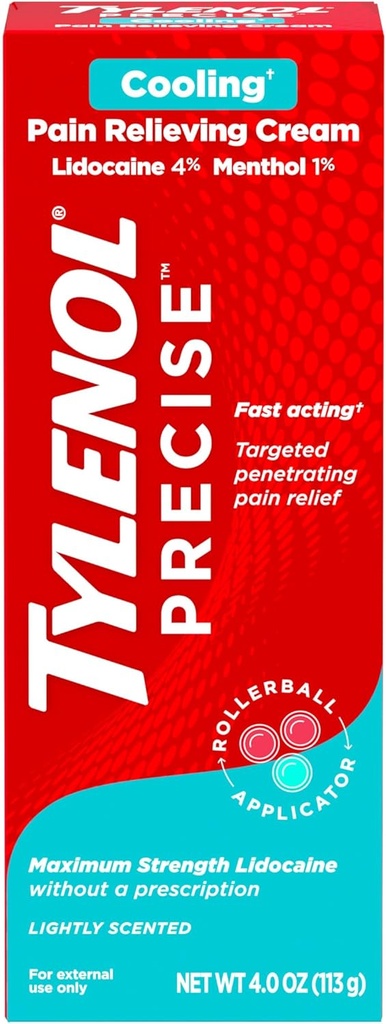 Crème de numération Tylenol Precise, résistance maximale 4% Lidocaïne et 1% Mentol Topique Analgésique, Crème de soulagement de la douleur pour le dos, les muscles et les articulations, Applicateur Rollerball, Fast-Acting, Scent Light, 4 oz