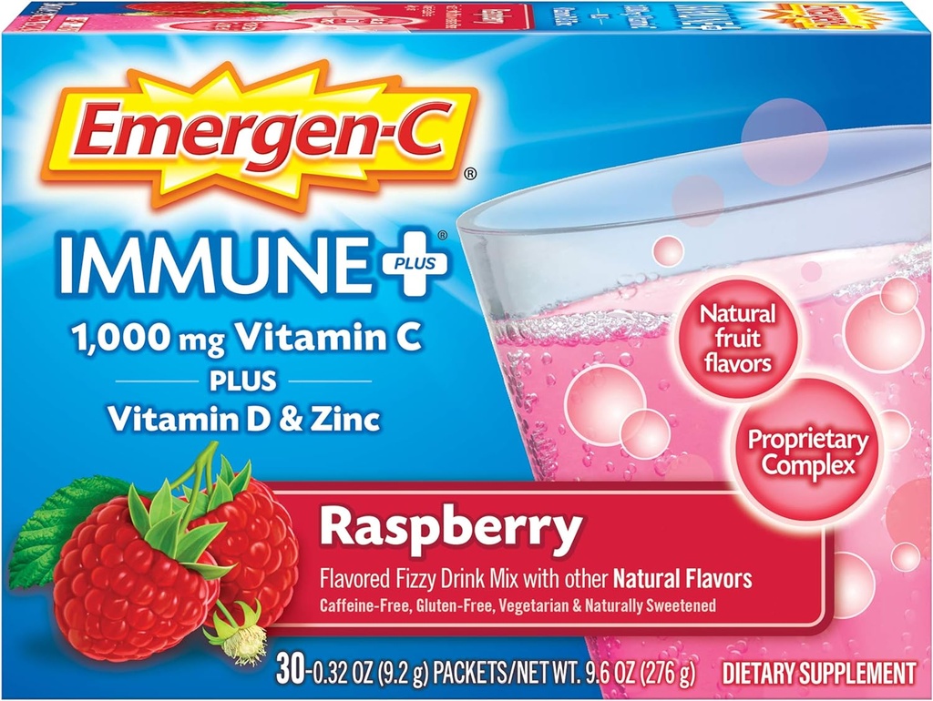 Emergen-C Immune+ 1000mg Poudre de vitamine C, avec vitamine D, zinc, antioxydants et électrolytes pour l'immunité, supplément de soutien immunitaire, parfum de framboise - 30 comte/1 mois d'approvisionnement