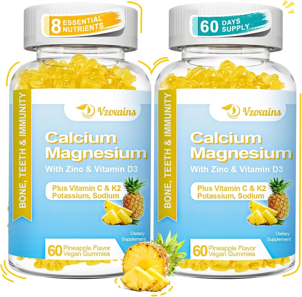 Haute absorption Gommies de calcium, sans sucre Gommies de magnésium de calcium avec vitamine D3 pour les hommes et les femmes, goût d'ananas 120 Cts