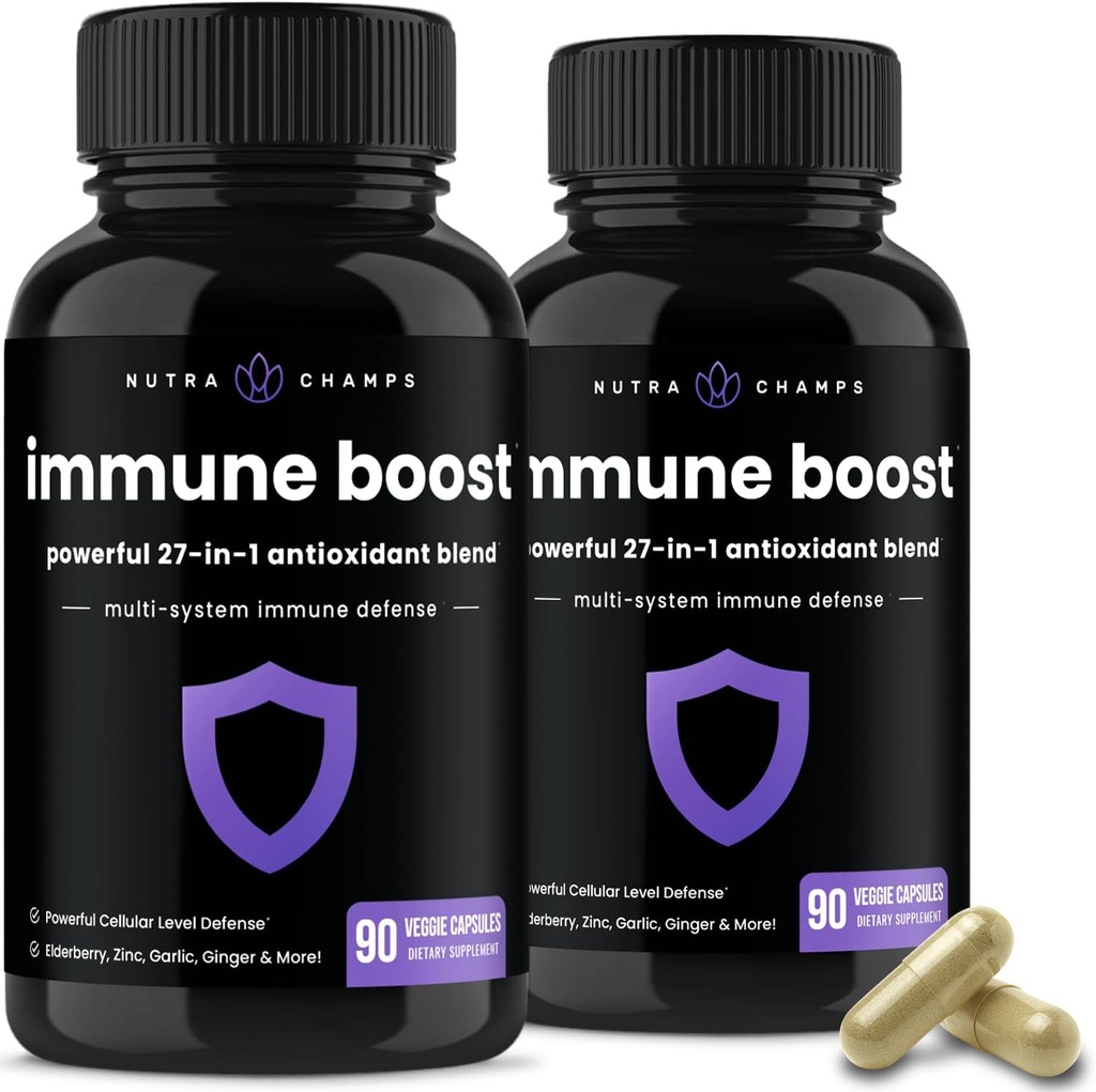 NutraChamps 27 in 1 Immune Support Supplement, 90 Immune Defense Capsules, 1000mg Vitamin C, 5000 IU D3, Elderberry, Zinc, 1 Billion CFU Probiotics & More (Pack of 2)