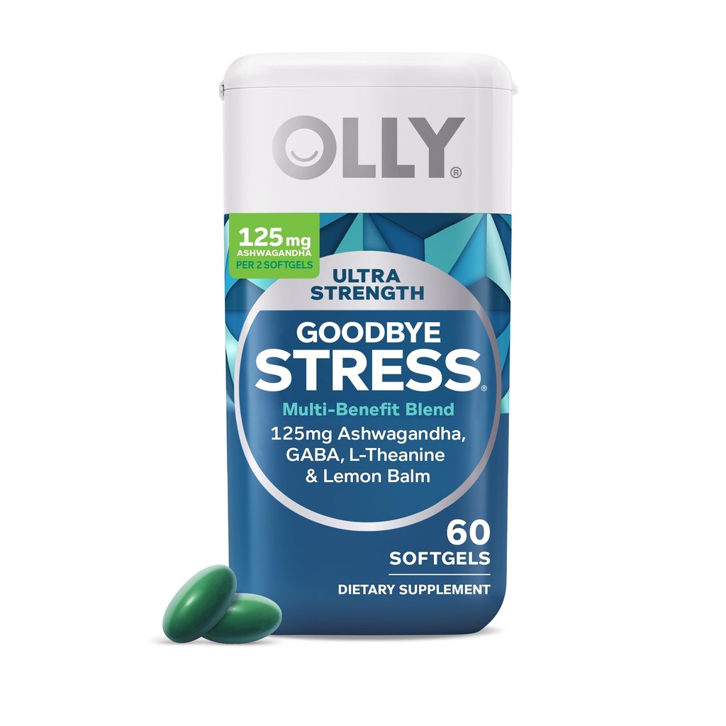 OLLY Ultra Strength Au revoir Stress Softgels, GABA, Ashwagandha, L-Theanine et Lemon Baume, Supplément de soulagement du stress - 60 Comte