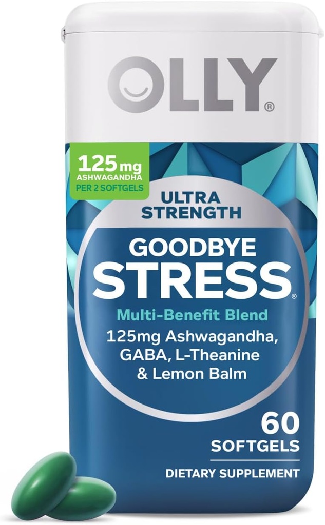 OLLY Ultra Strength Au revoir Stress Softgels, GABA, Ashwagandha, L-Theanine et Lemon Baume, Supplément de soulagement du stress - 60 Comte