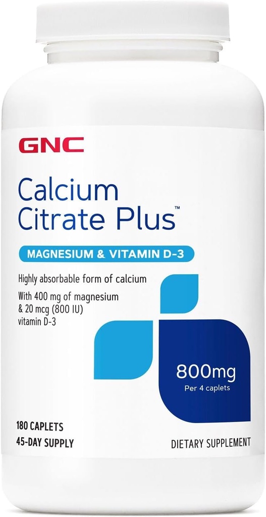 GNC Citrate de calcium Plus 800mg Supplément, soutient la santé osseuse, 45 portions