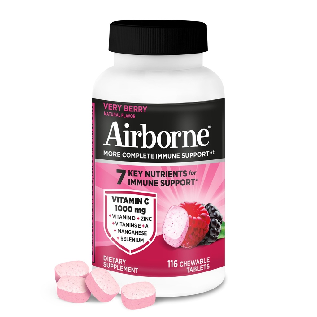 Vitamine C aéroportée 1000mg (par portion) - Comprimés à croquer très secs (116 Compter dans une bouteille), Supplément de soutien immunitaire sans gluten, avec vitamines A C E, zinc, sélénium, gingembre, antioxydants