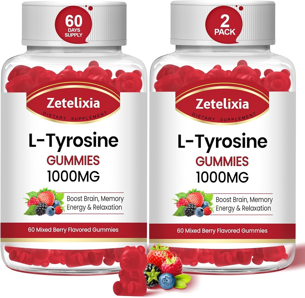 L Gommies de Tyrosine 1000mg, Supplément L-Theanine Gummy 200mg, Sans sucre L-Tyrosine avec supplément d'énergie vitamine B6 pour les adultes et les enfants - Soutien Mood Focus Gummies, Mémoire de sang, 120 Compte