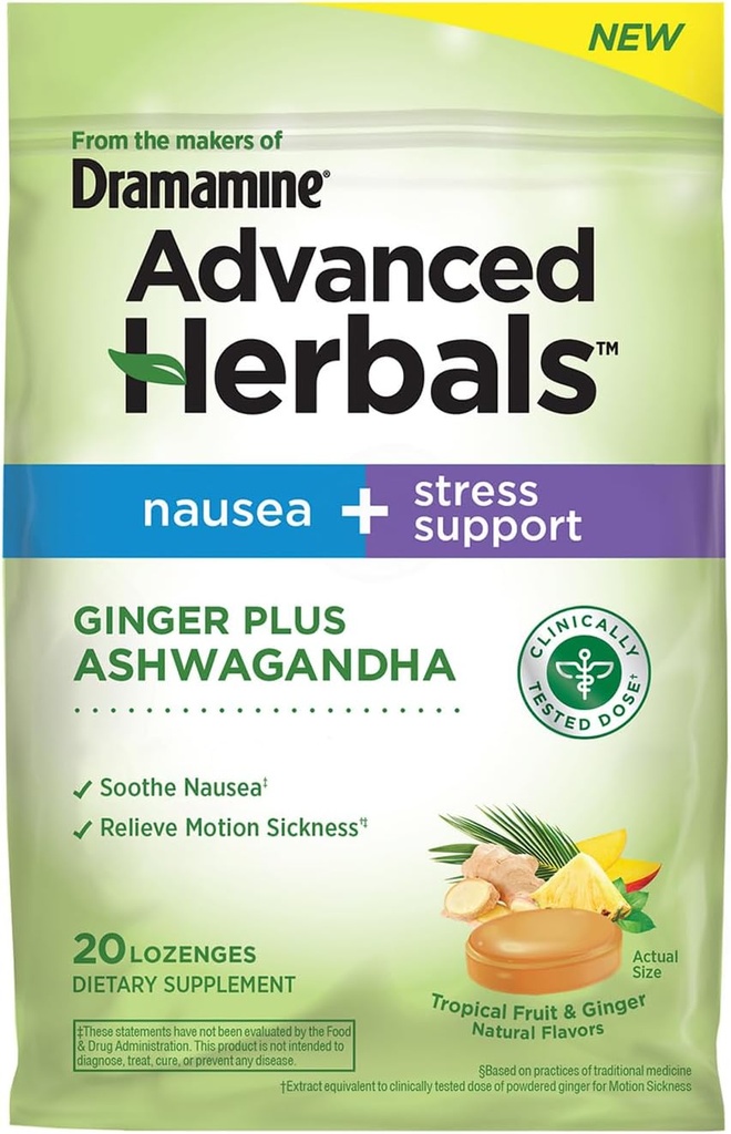 Des fabricants de Dramamine, des herbes avancées Ginger & Ashwagandha Lozenges, pour le soutien de la nausée et du stress, des fruits tropicaux et de l'arôme de gingembre, 20 comtes