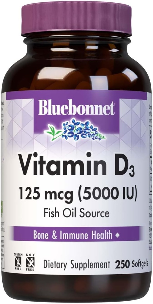 Bluebonnet Nutrition Vitamine D3 5000 UI Softgels, Aides à la croissance musculaire et squelettique, Cholecalciferol de l'huile de poisson, Non OGM, Sans gluten, Sans soja, Sans lait, Jaune, 250 Softgels