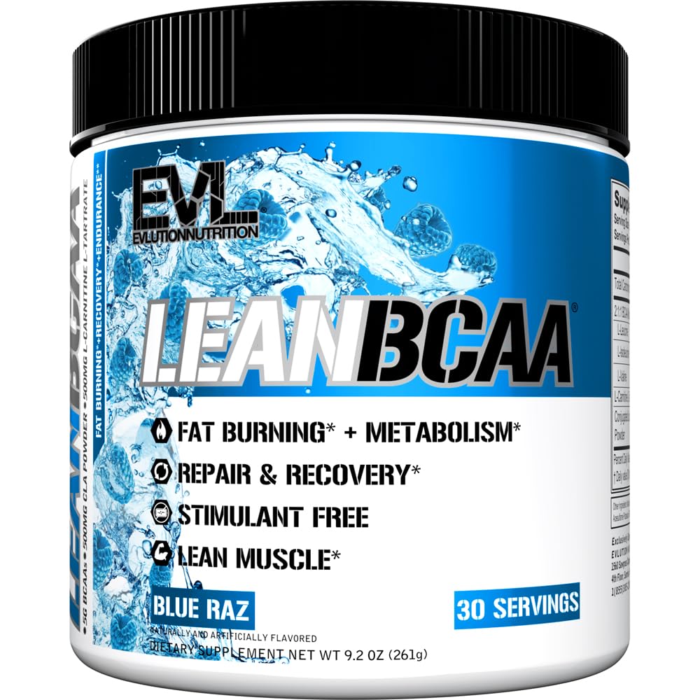 Evlution Stimulant Sans Lean BCAA Poudre Nutrition BCAAs Amino Acides Poudre avec CLA Carnitine et 2:1:1 Acides aminés à chaîne ramifiée soutient la récupération musculaire Fat Burn and Metabolism - Blue Raz