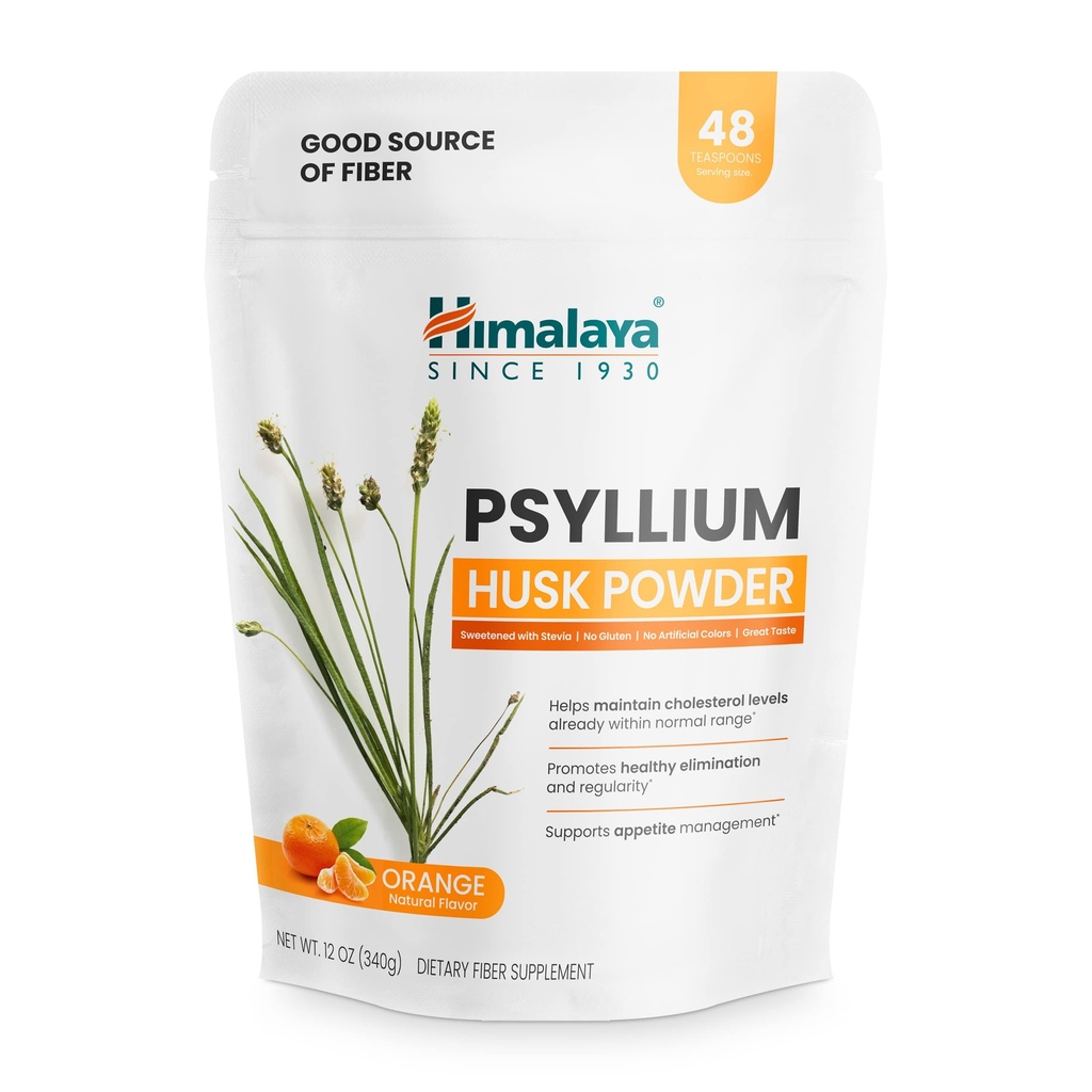 Himalaya Psyllium Poudre de musc, Orange, 48 portions - Supplément de fibre quotidienne pour soutenir la santé et la régularité digestives - Vegan, non-OGM, sans sucre, sans gluten, 12 oz (340 g)