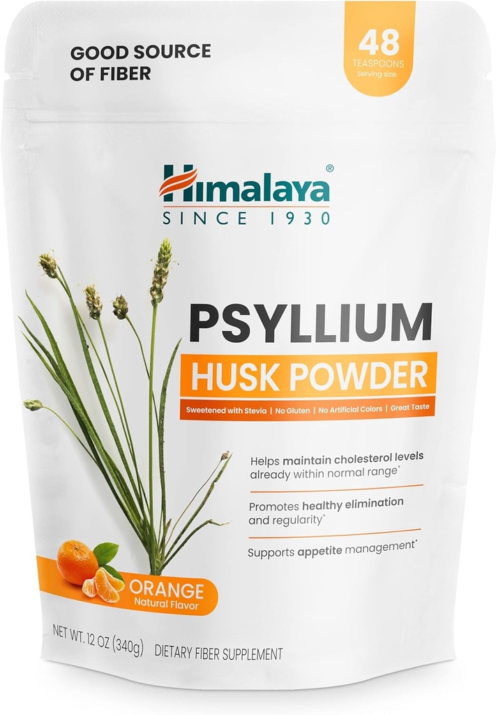 Himalaya Psyllium Poudre de musc, Orange, 48 portions - Supplément de fibre quotidienne pour soutenir la santé et la régularité digestives - Vegan, non-OGM, sans sucre, sans gluten, 12 oz (340 g)
