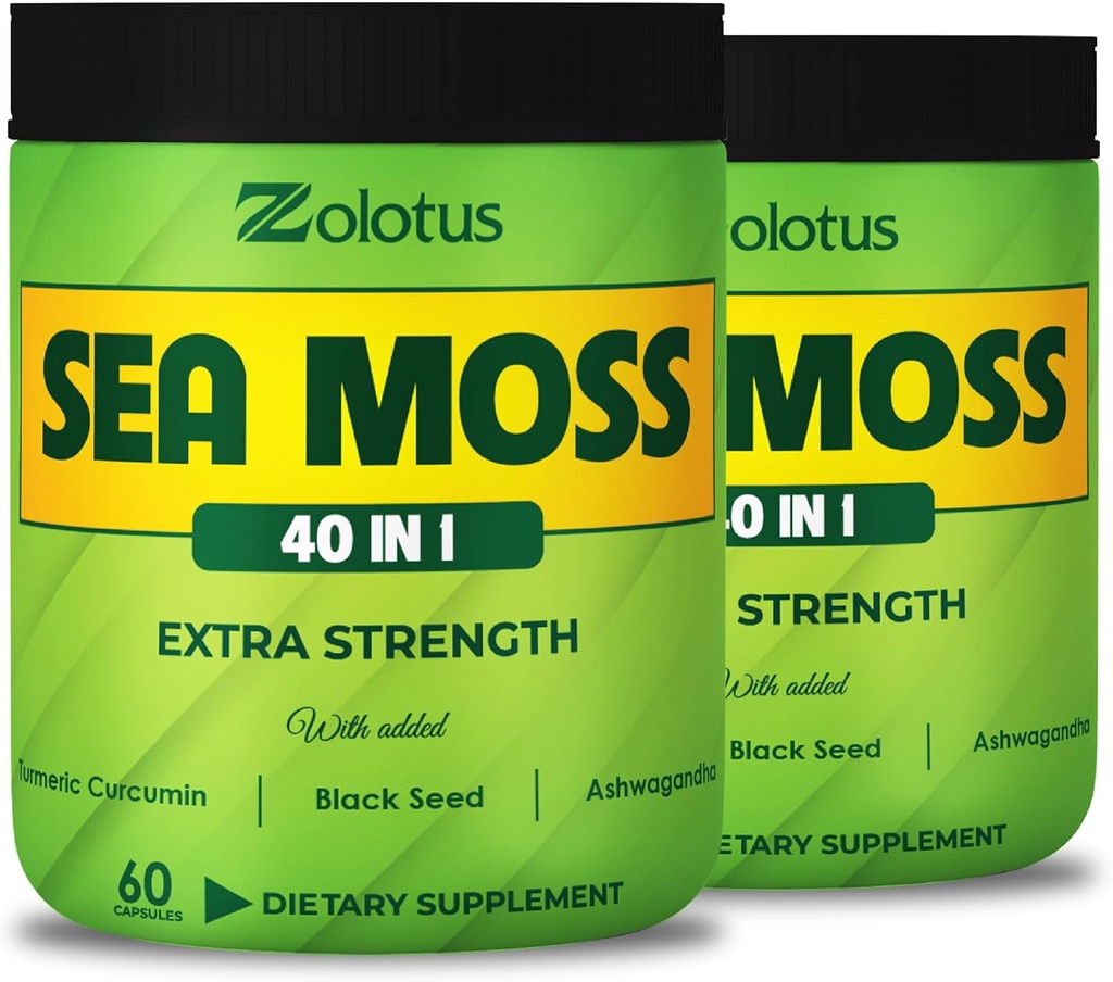 Zolotus (2 Packs 60 Capsules Sea Moss Supplément 40 en 1, avec Curcumine Turmère, Racine Ashwagandha, Bladderwrack pour système immunitaire, équilibre corporel et santé cardiaque