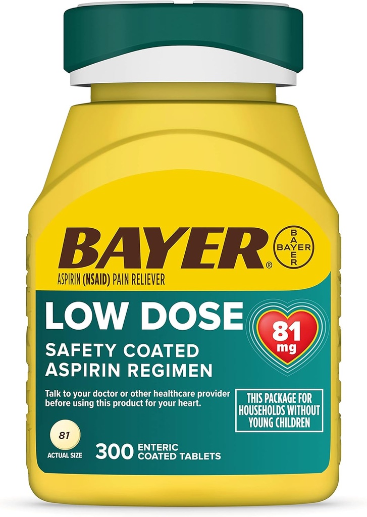 Bayer Aspirine faible dose 81 mg, comprimés enrobés entériques, médecin recommandé, prévention secondaire des maladies cardiovasculaires, 300 comprimés enrobés de sécurité
