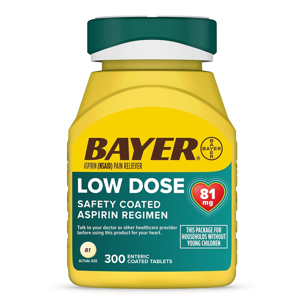Bayer Aspirine faible dose 81 mg, comprimés enrobés entériques, médecin recommandé, prévention secondaire des maladies cardiovasculaires, 300 comprimés enrobés de sécurité