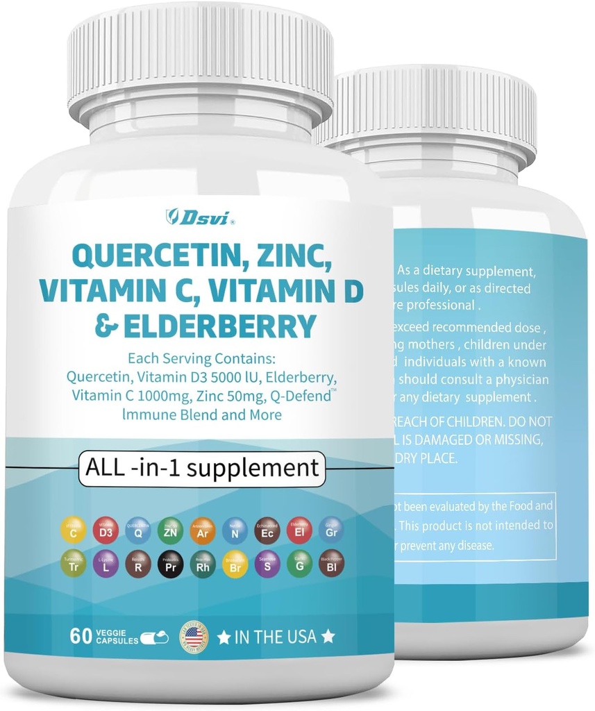 Quercetin 1000mg Zinc 50mg Vitamine C 1000mg Vitamine D 5000IU Système immunitaire Supplément de soutien avec Echinacea Ginger Bromelain Sea Moss Capsules Vegan pour hommes et femmes,60 Compte États-Unis