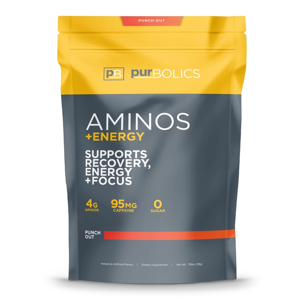 Purbolics Aminos + Energies Supporte la récupération, l'énergie et la mise au point de 95mg de caféine, 0 sucre et 60 portions (Extrait)